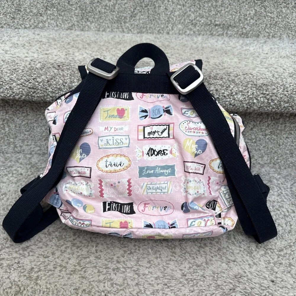 LeSportsac Small Mini Backpack Love Print Cinch Top Snap Closure Zipped Pockets